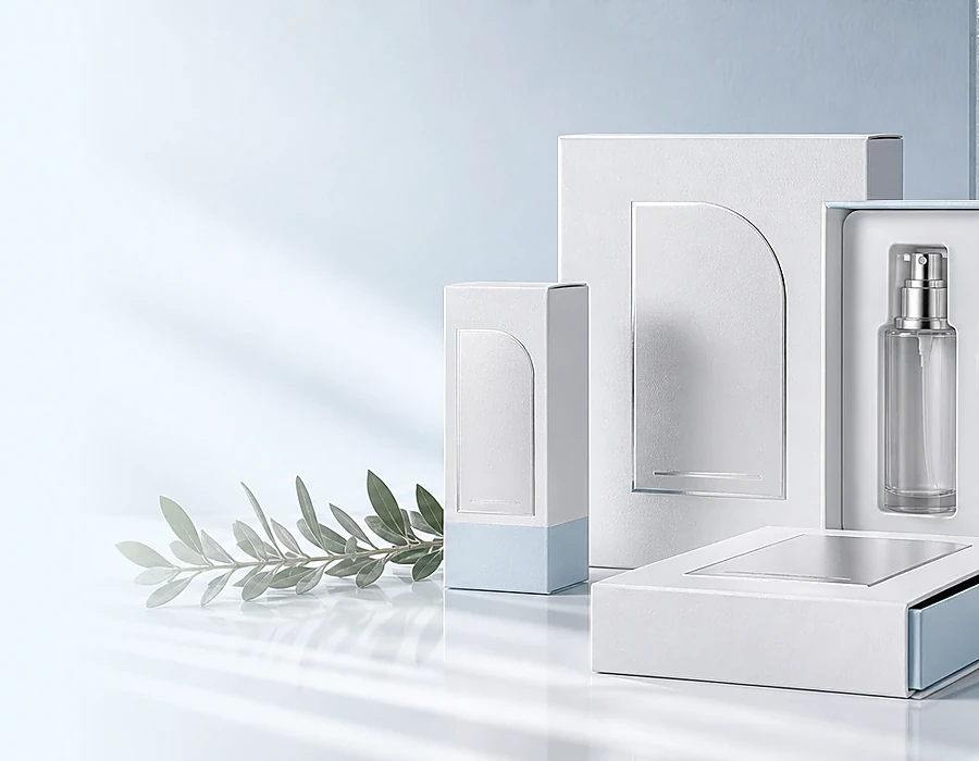 White cosmetic carton mockups and set box packaging with skincare components