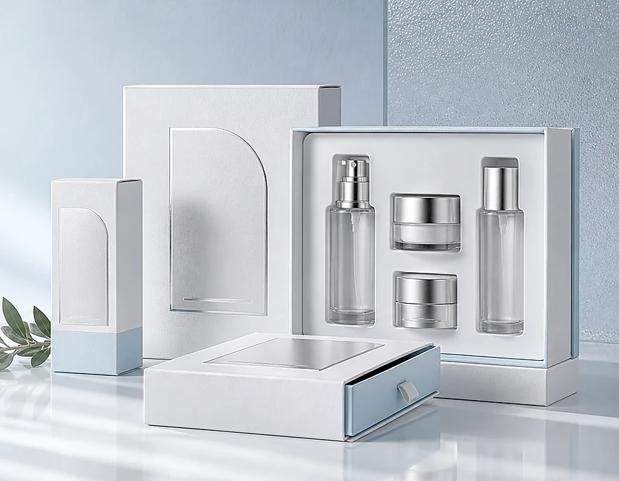 Cosmetic carton, drawer box and set box packaging with skincare bottles and jars