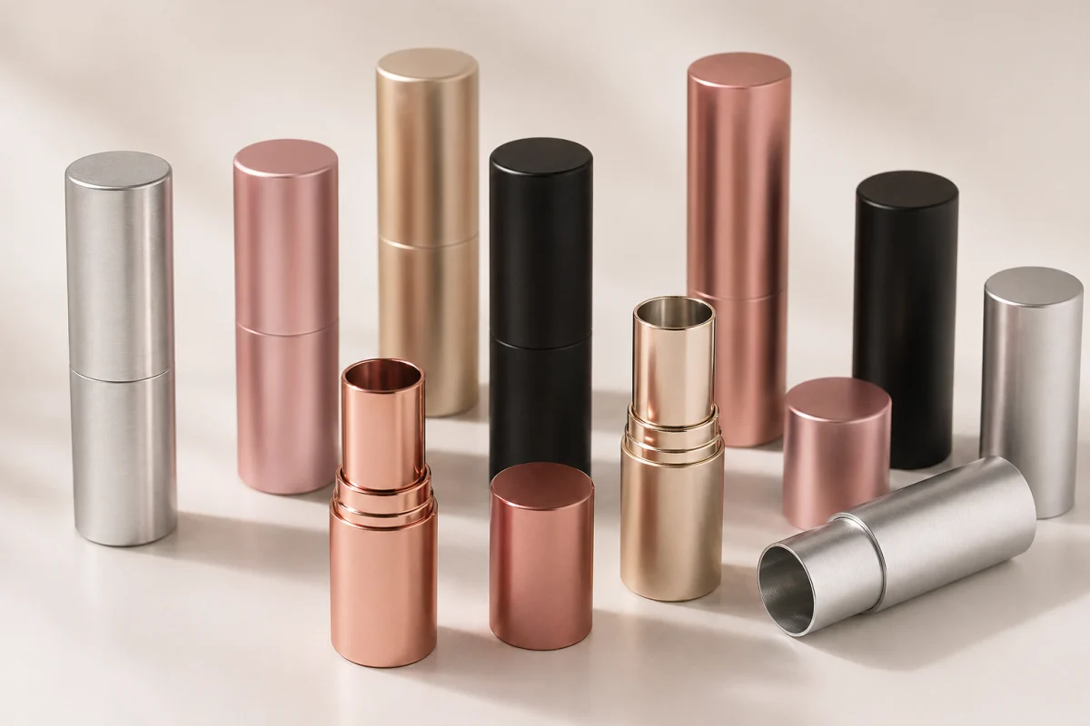 Aluminum lipstick packaging custom tubes with metal shells, caps, mechanisms and finish samples