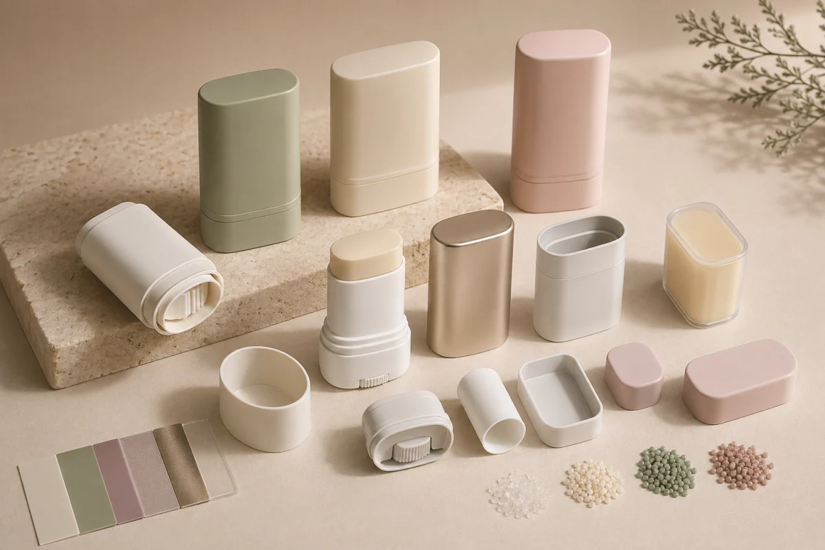 beauty stick packaging components with refill pod material swatches twist base and caps