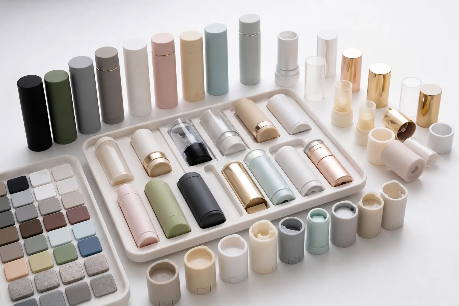 Beauty stick packaging supplier sampling kit with stock samples, filled test, quote sheet and carton