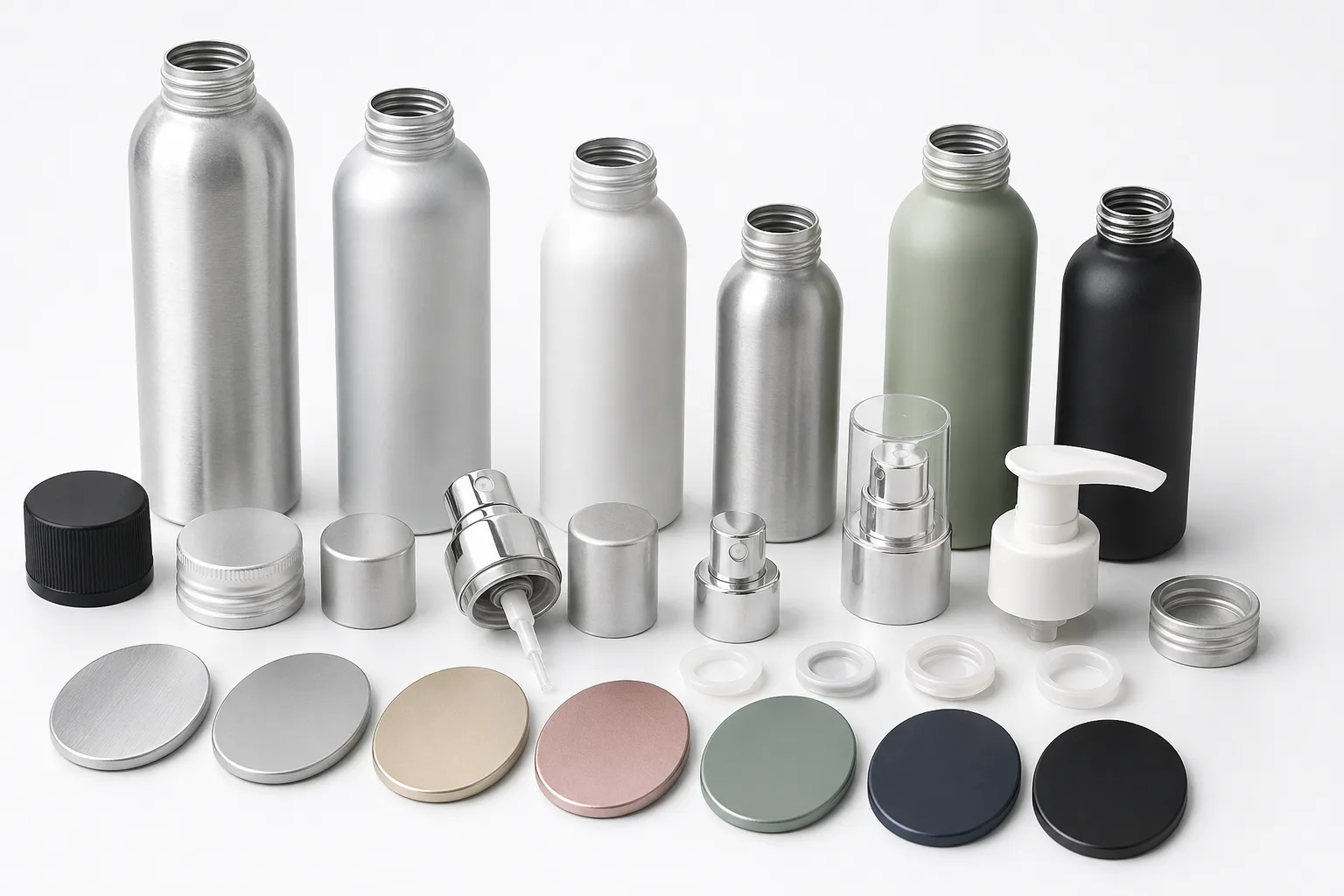 aluminum skincare bottle closure finish and liner options for supplier sampling
