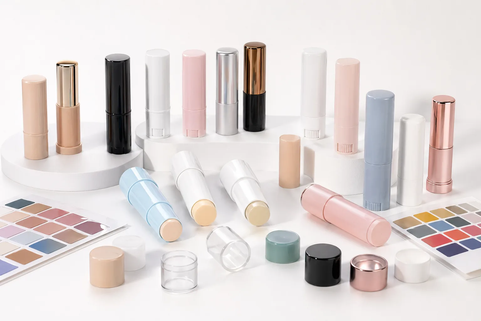low MOQ beauty stick packaging stock options with custom color and metallic finish samples