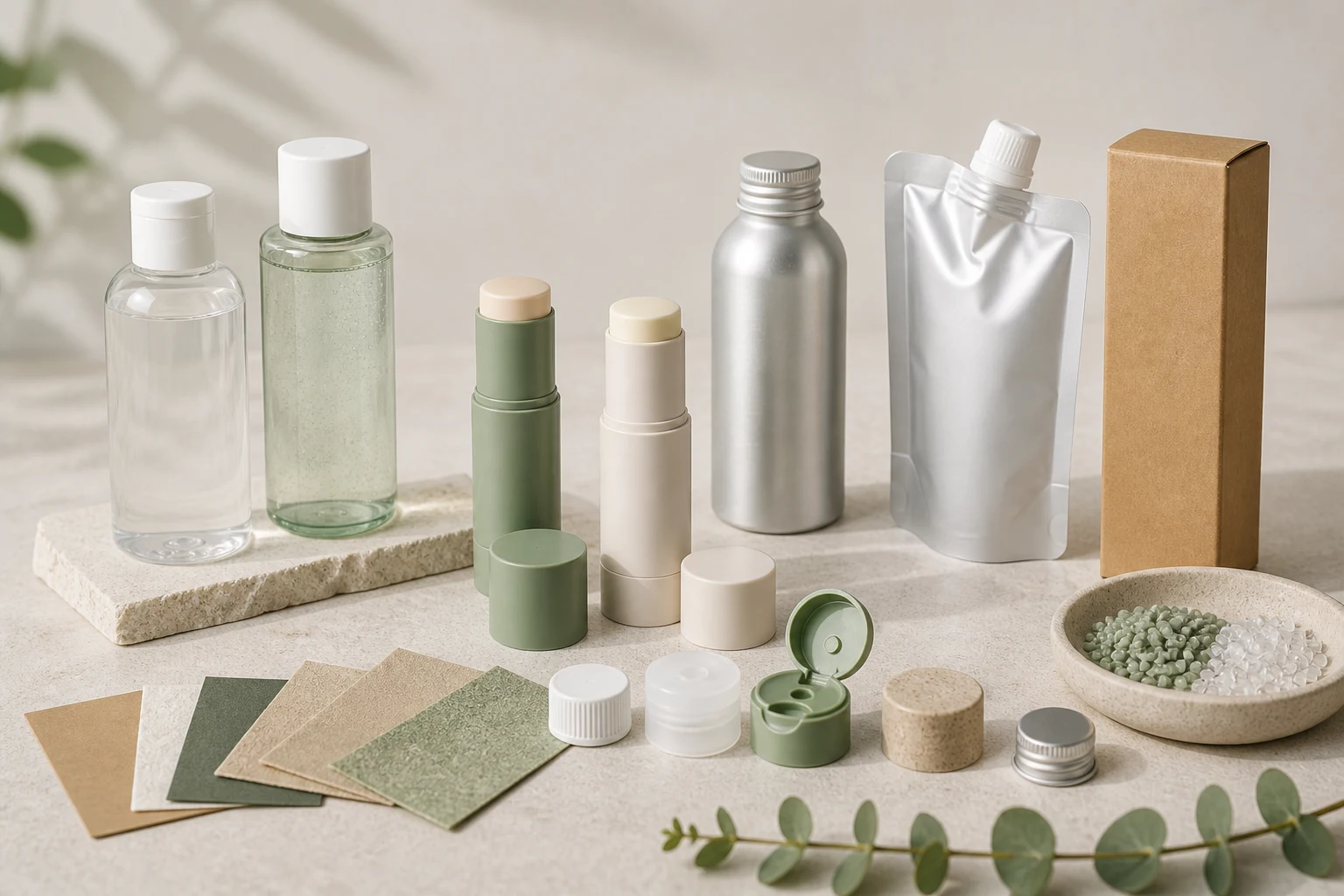 PCR and recyclable plastic skincare bottle samples with material claim review cards