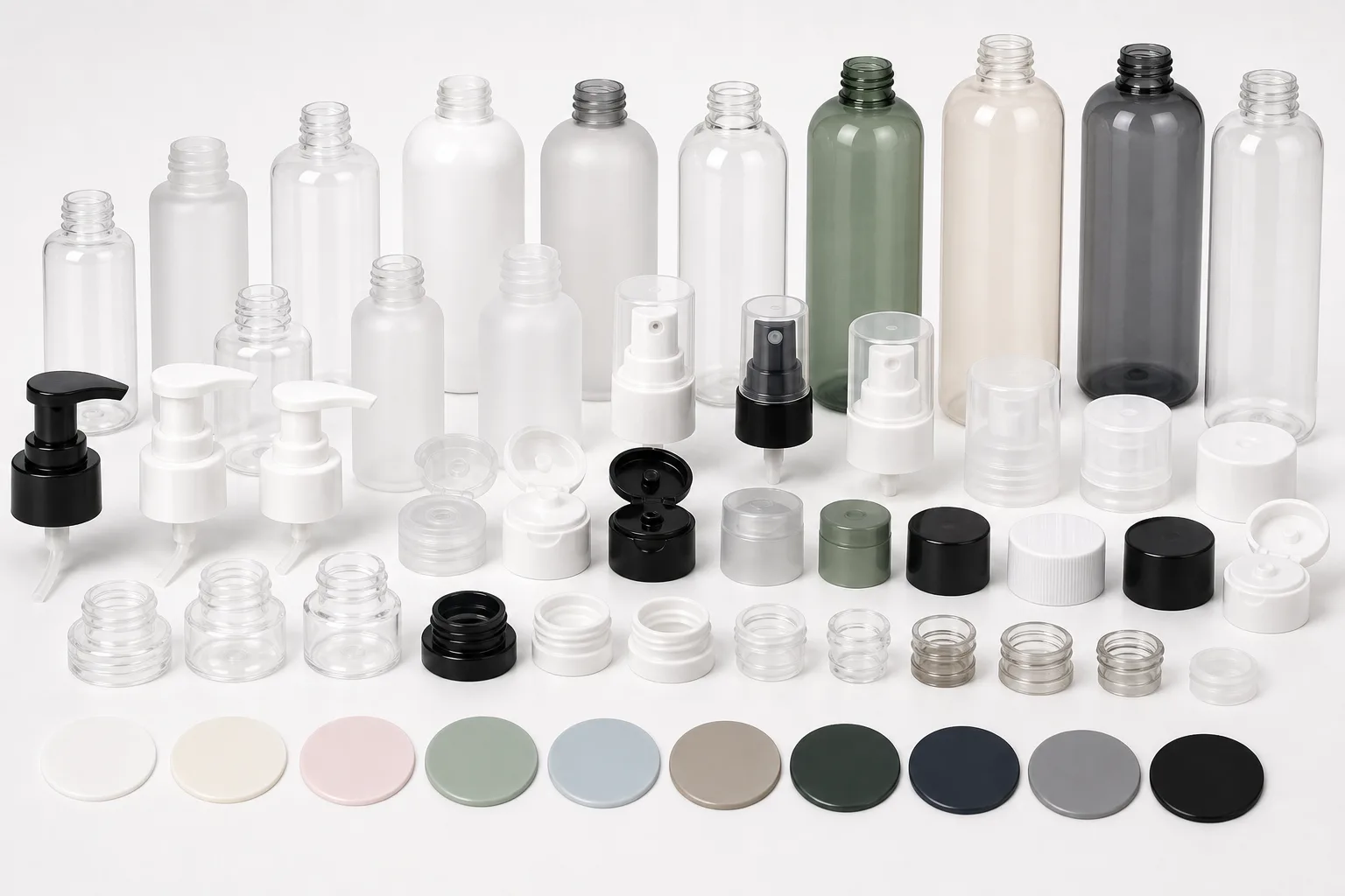 plastic skincare bottle closure and material options with pumps caps sprayers and PCR swatches