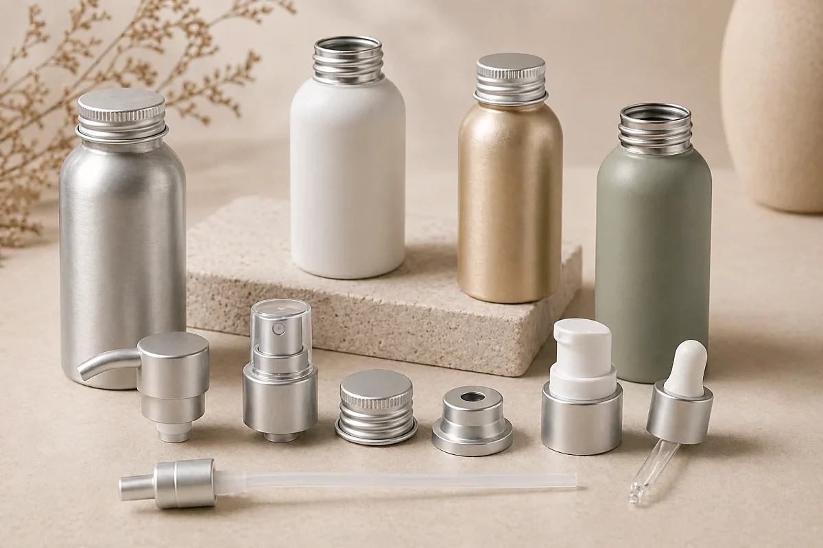 Aluminum skincare bottle closure options with pump, sprayer, cap and liner samples