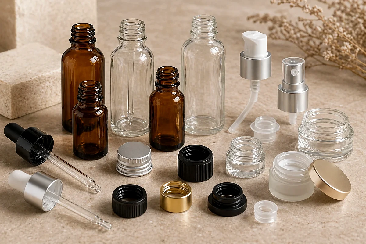 Cosmetic jar and glass bottle material options with droppers pumps caps and liners