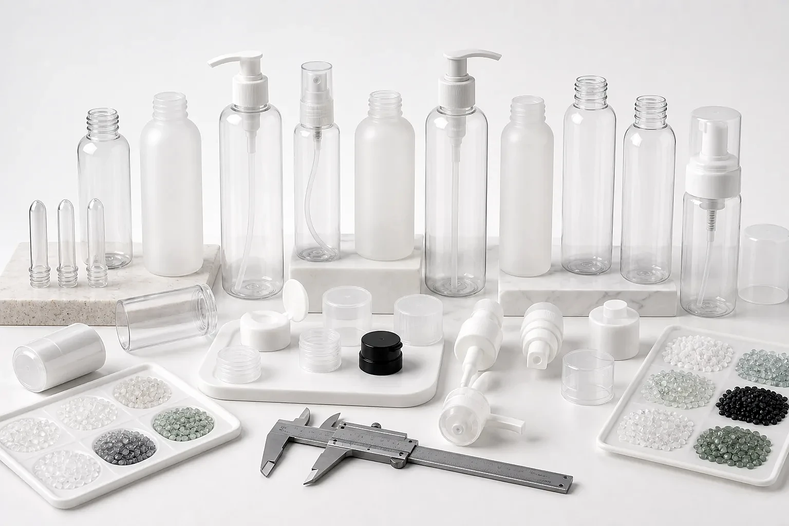 Plastic skincare bottle supplier samples with caps, pumps, filled samples and QC checklist