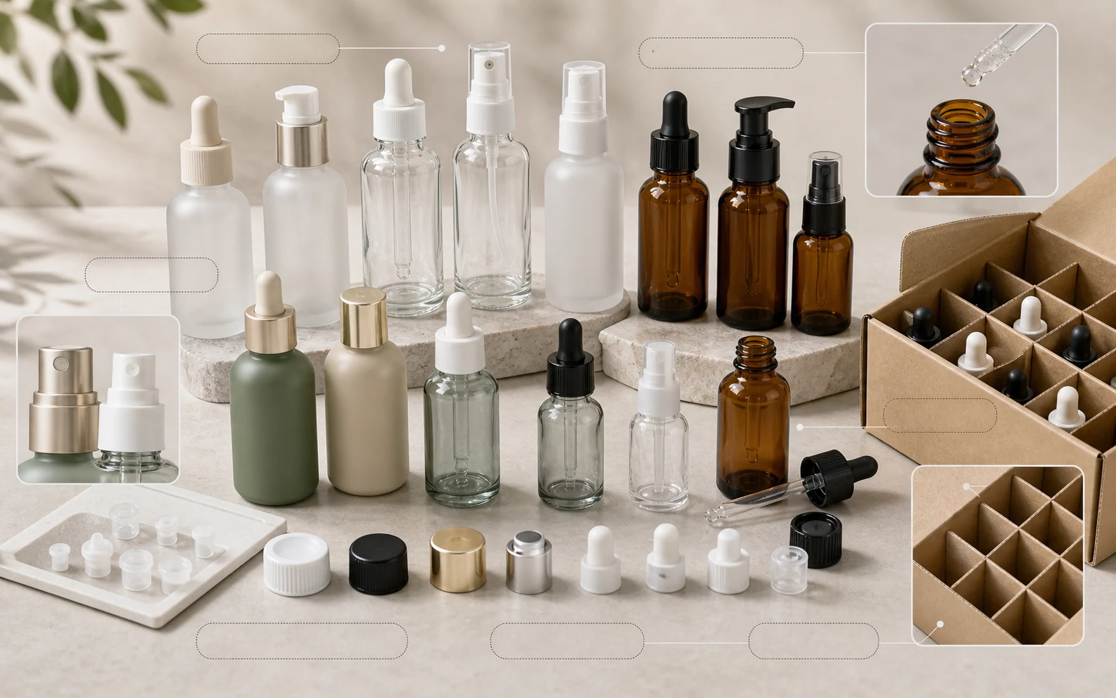 Glass skincare bottles with droppers, pumps, caps, closure fit checks and carton inserts for formula approval