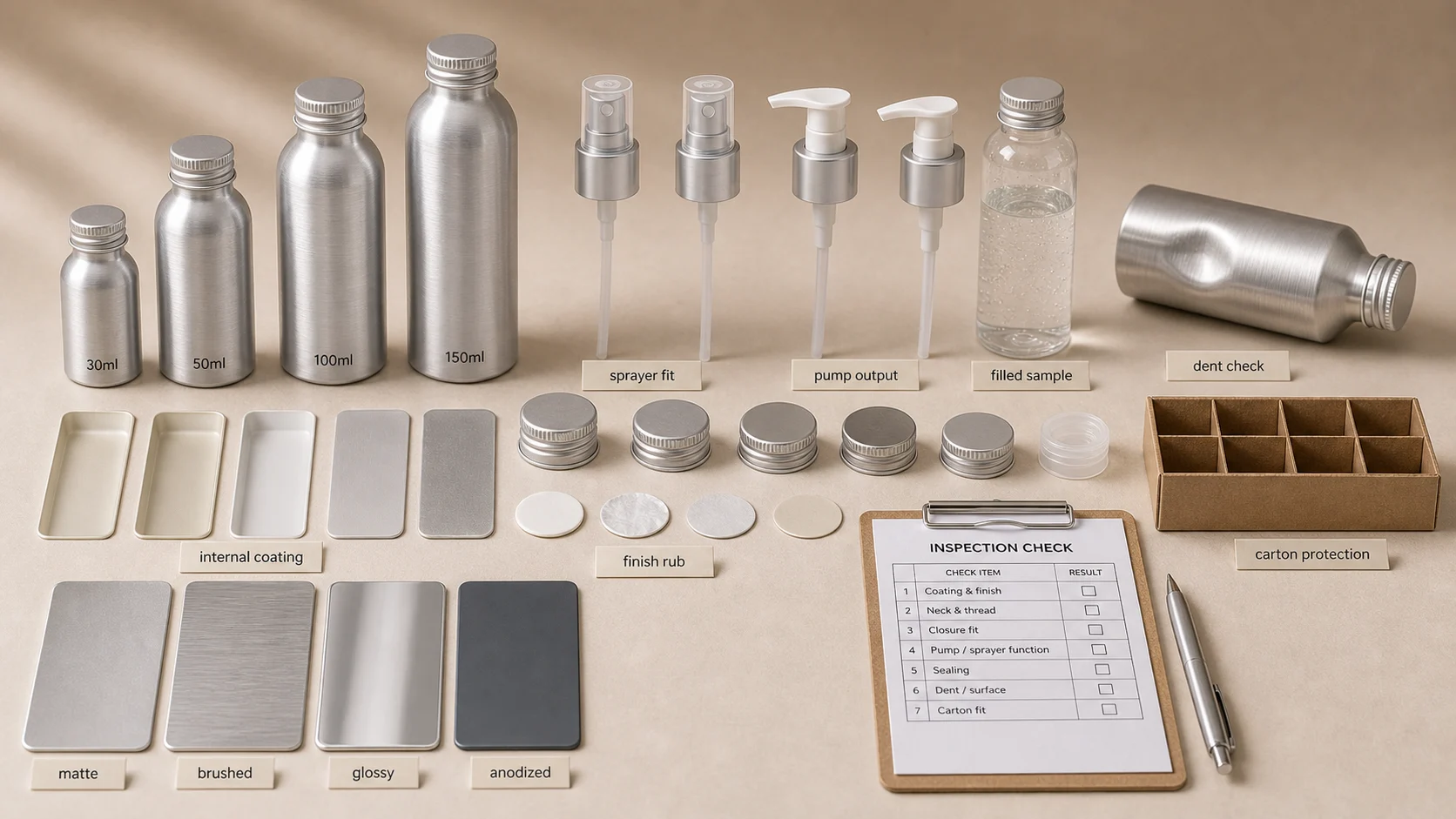 Aluminum skincare bottles with coating strips, pumps, sprayers, finish swatches and carton protection checks