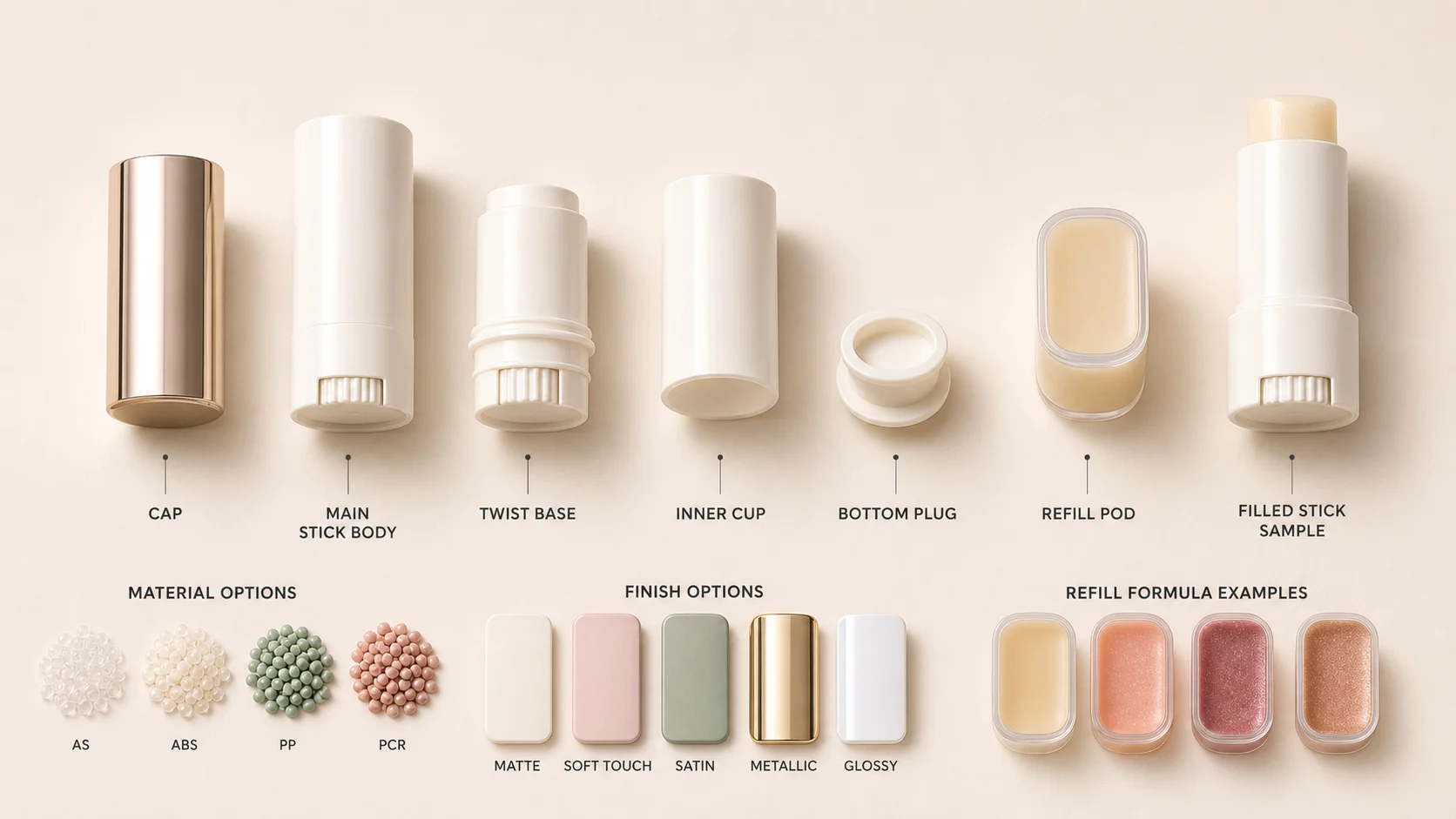Beauty stick packaging components, material options, finish swatches and refill examples for packaging selection