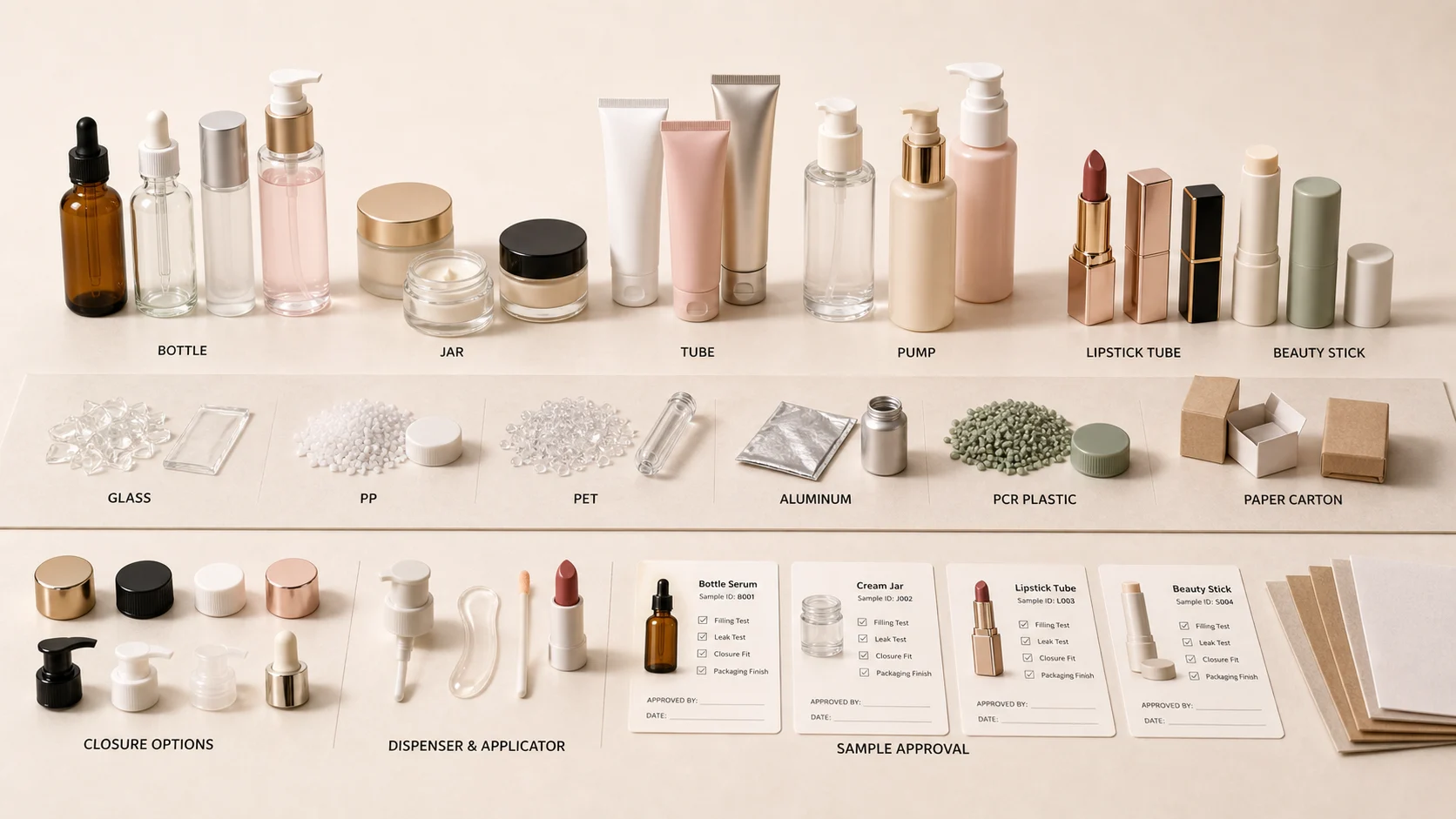 Cosmetic packaging selection matrix with bottles, jars, tubes, pumps, lipstick tubes, beauty sticks, materials and closures