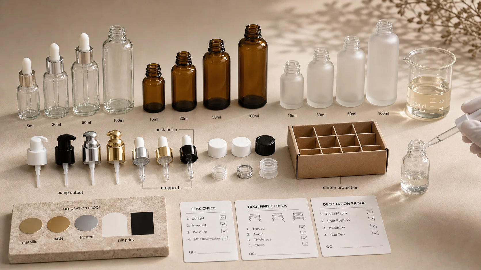 Glass skincare bottle sizes, closures, droppers, pump options and QC cards for supplier specification review