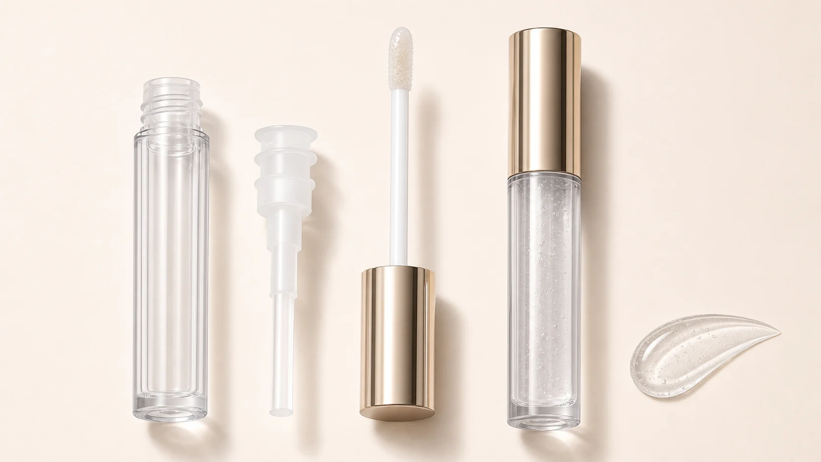 Lip gloss tube component set with clear tube, wiper insert, wand, doe-foot applicator, cap and formula swatch