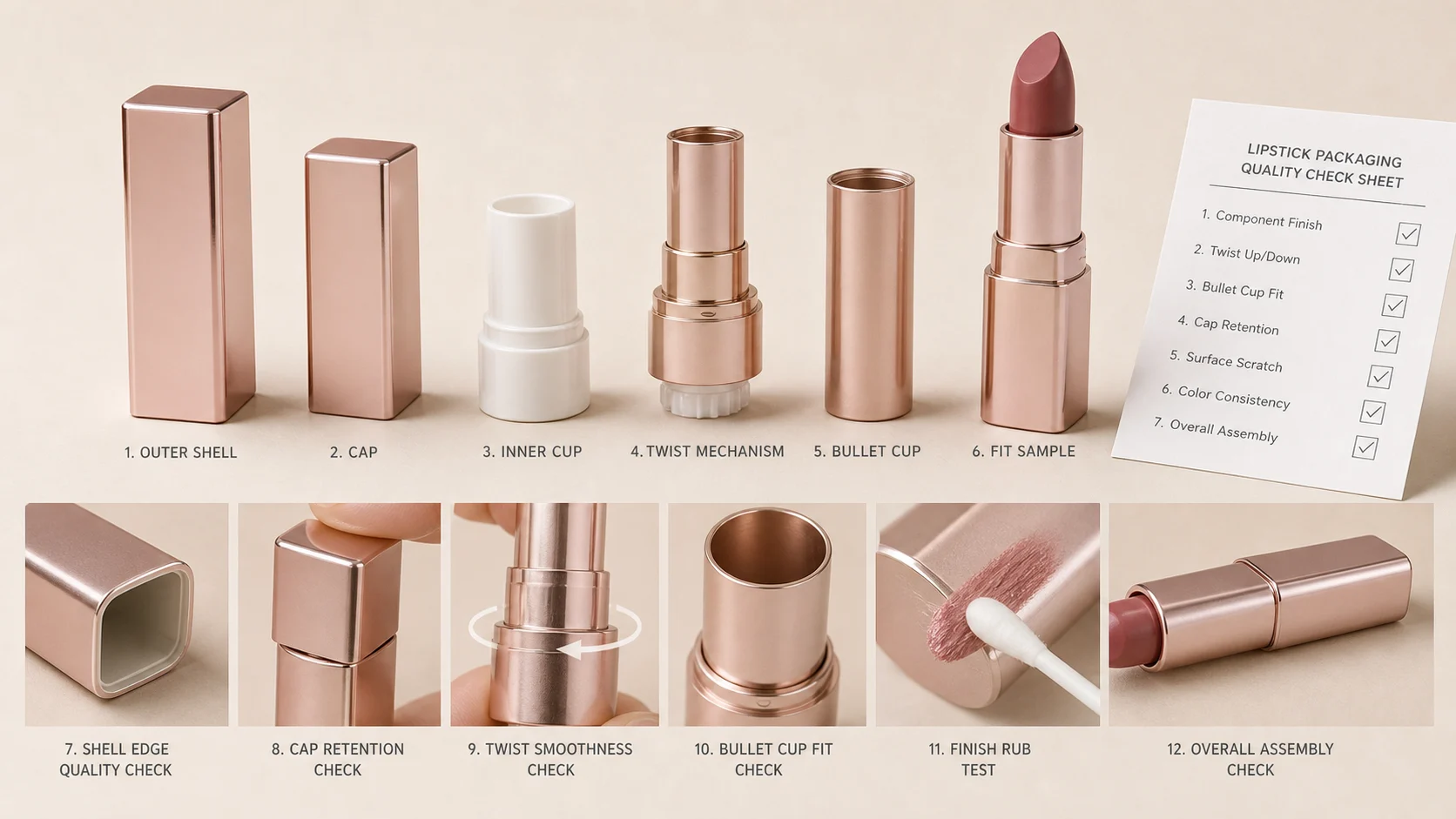 Lipstick container mechanism quality checks with shell, cap, twist mechanism, bullet cup fit and finish rub test