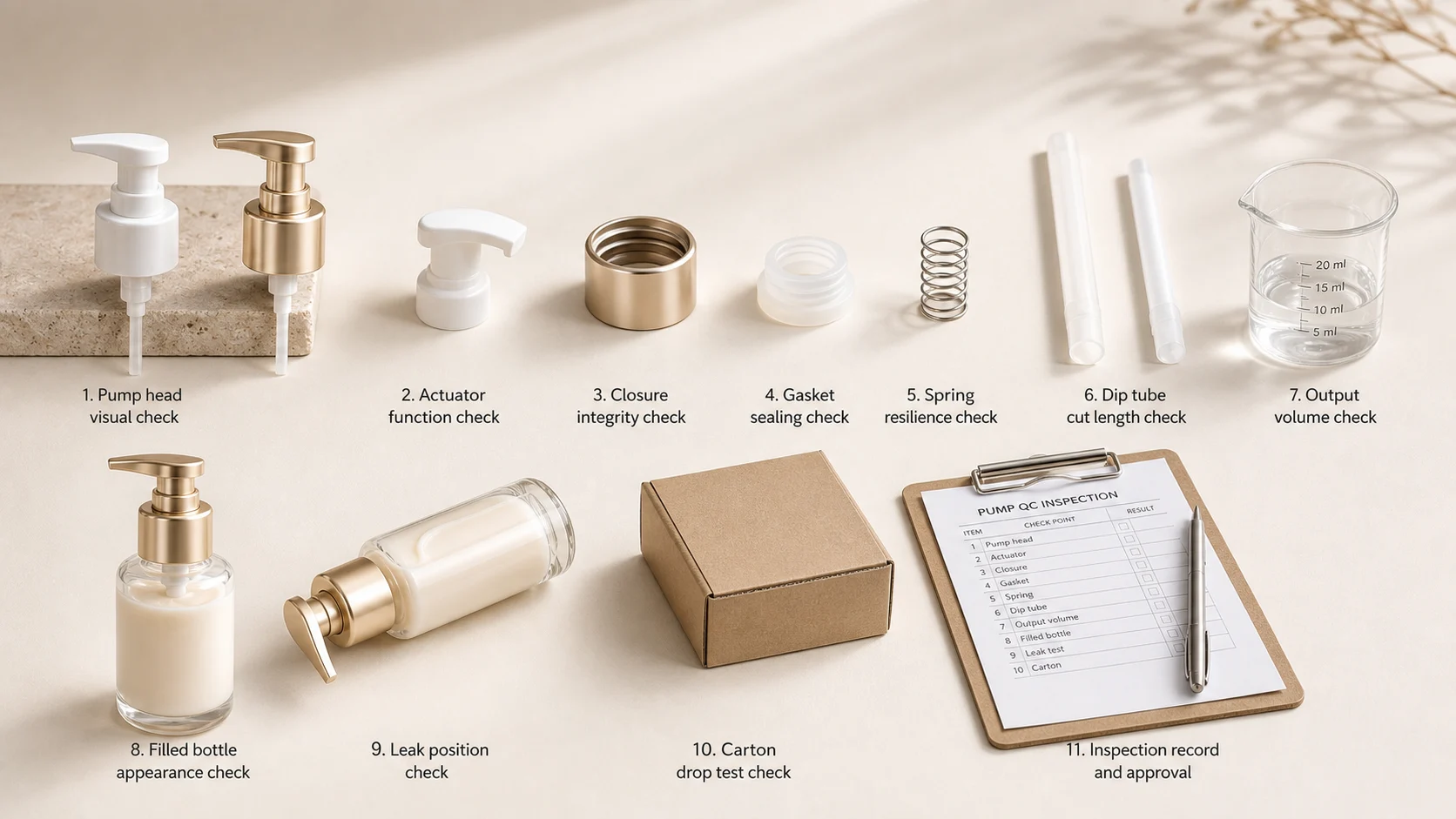 Lotion pump component and QC review with pump head, actuator, closure, gasket, spring, dip tube and output volume check
