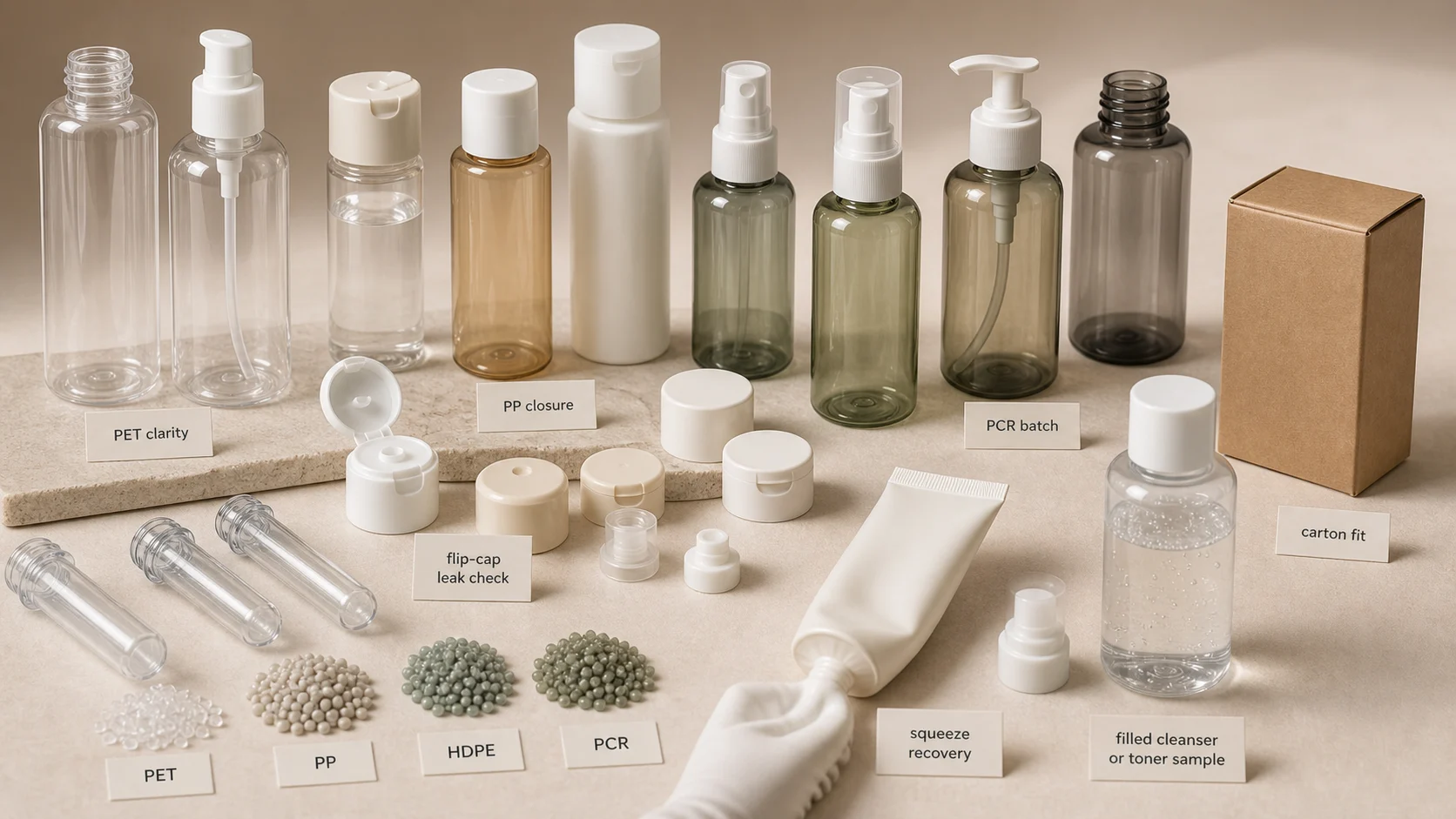 Plastic bottle material closure and QC review with PET PP HDPE PCR caps pumps and carton checks