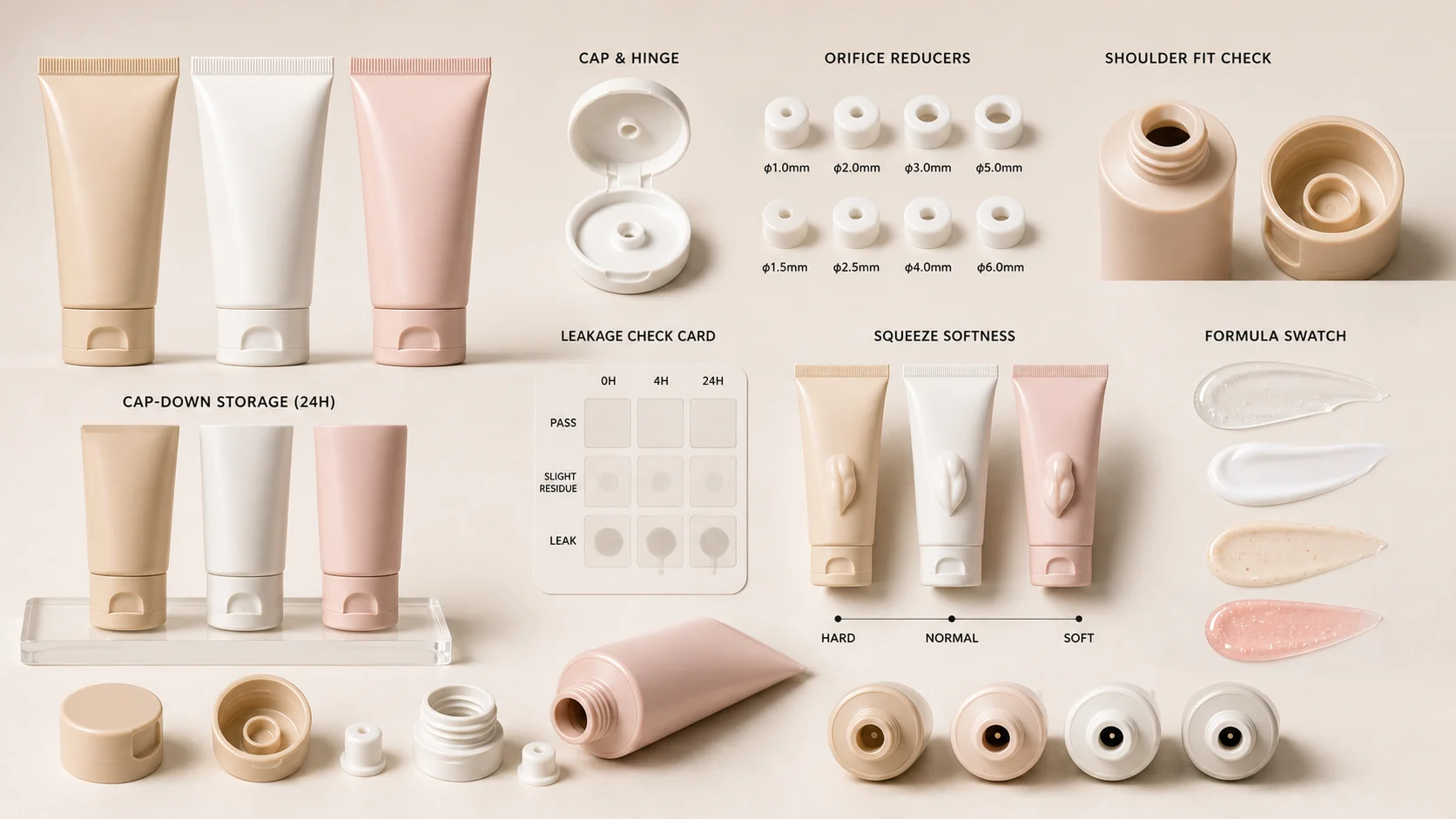 Tottle packaging cap, hinge, orifice reducers, squeeze recovery, formula swatches and cap-down leak check