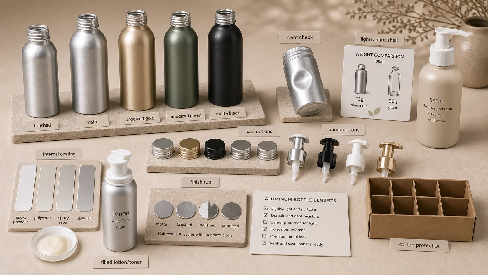 Aluminum skincare bottle benefits shown with dent resistance, finish rub and closure checks