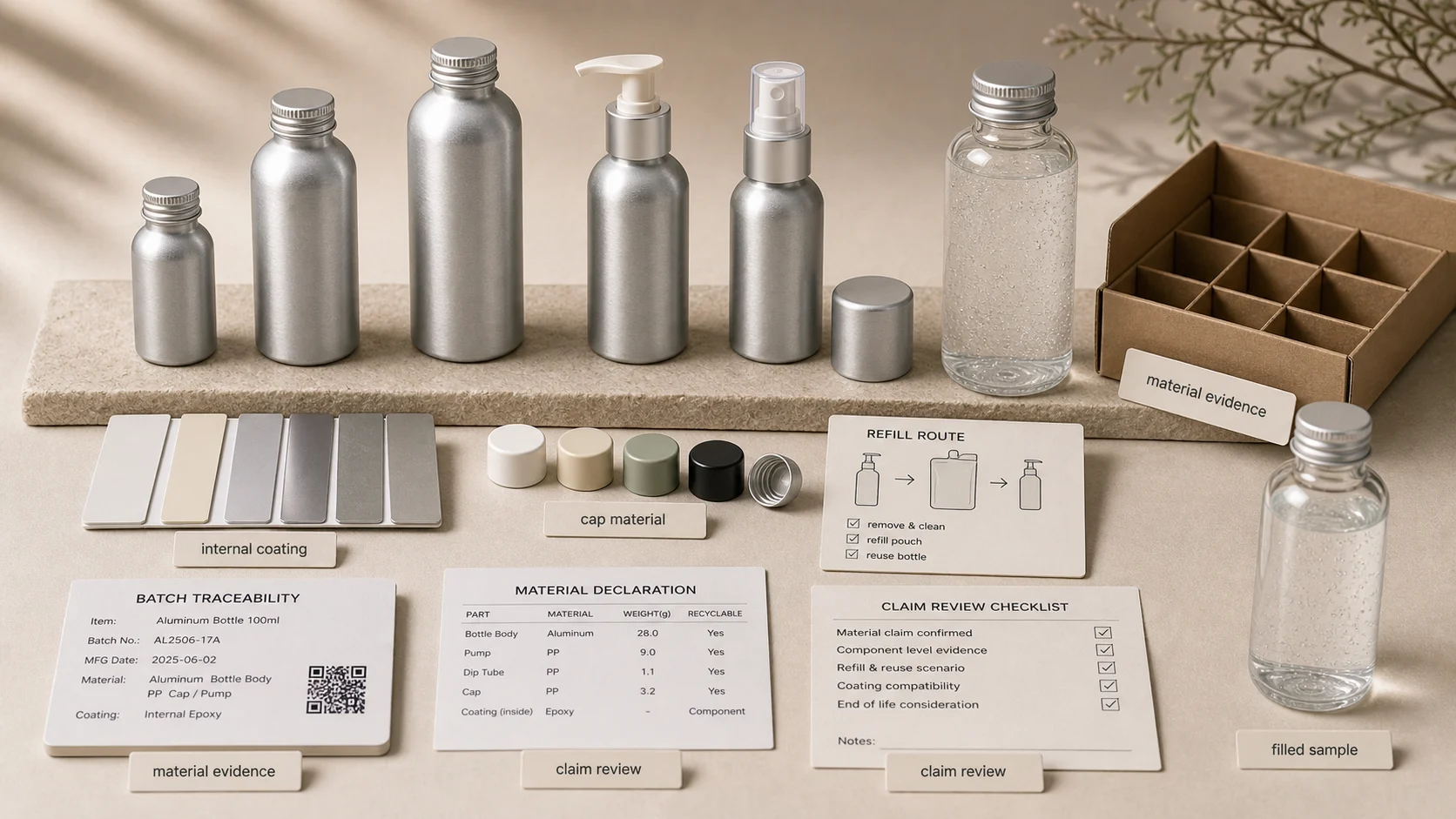 Aluminum skincare bottles with PCR, refill, coating and claim evidence for material review
