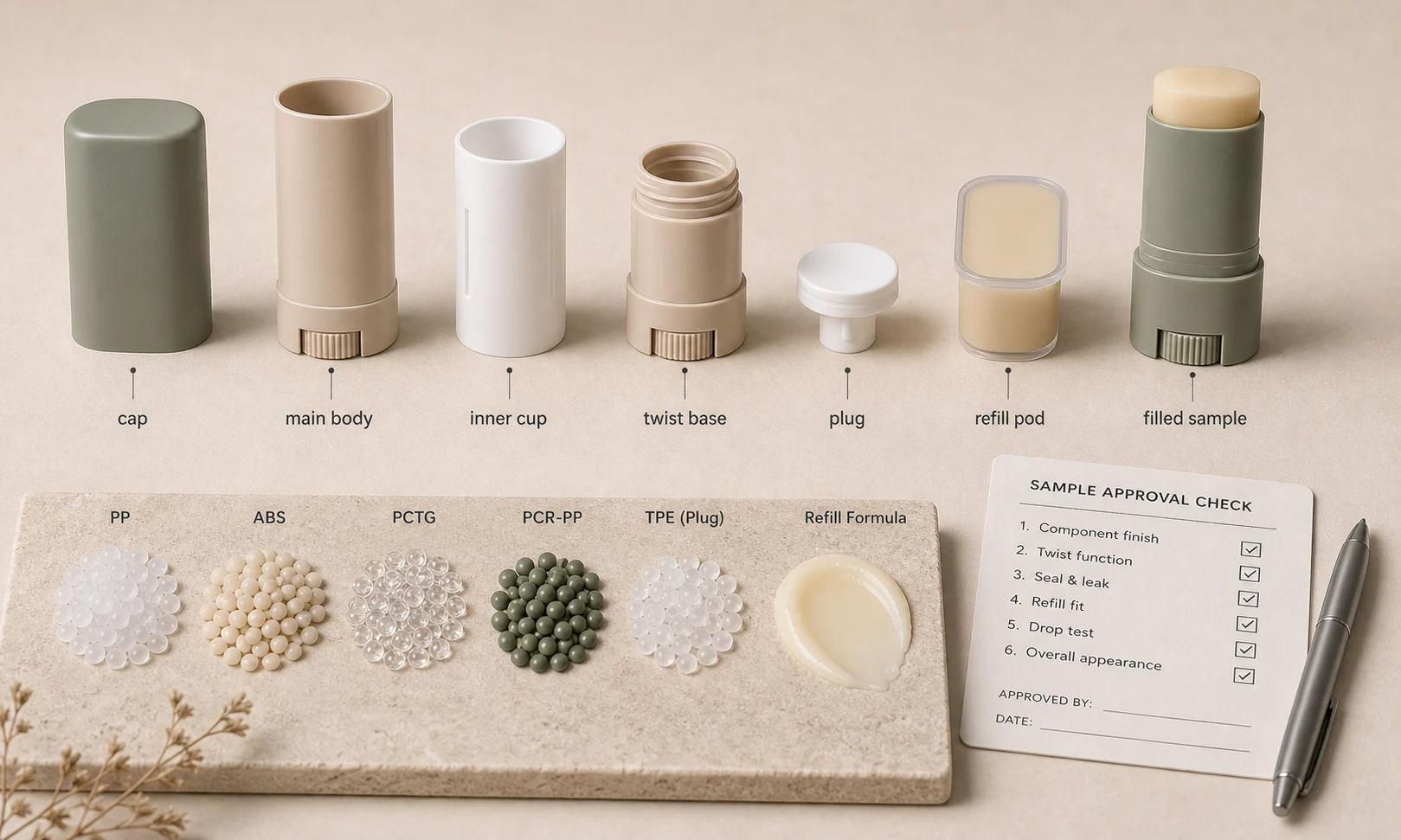 Beauty stick packaging definition with cap, inner cup, body, twist base and formula stick components
