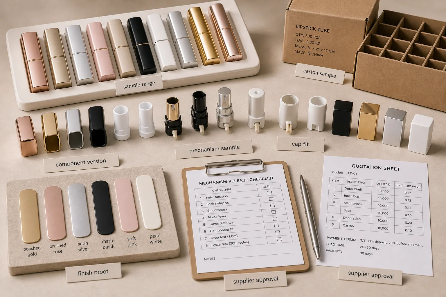 Empty lipstick container supplier approval with mechanism checks, finish samples and signed test cards