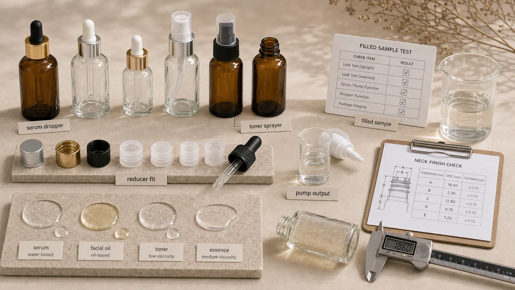 Glass bottle closure selection for serum, oil, toner and cream formulas with dropper and pump checks