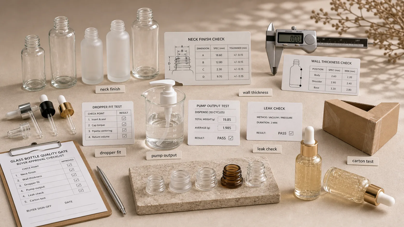 Glass skincare bottle quality gate checks with drop test, leak test, finish rub and carton inspection