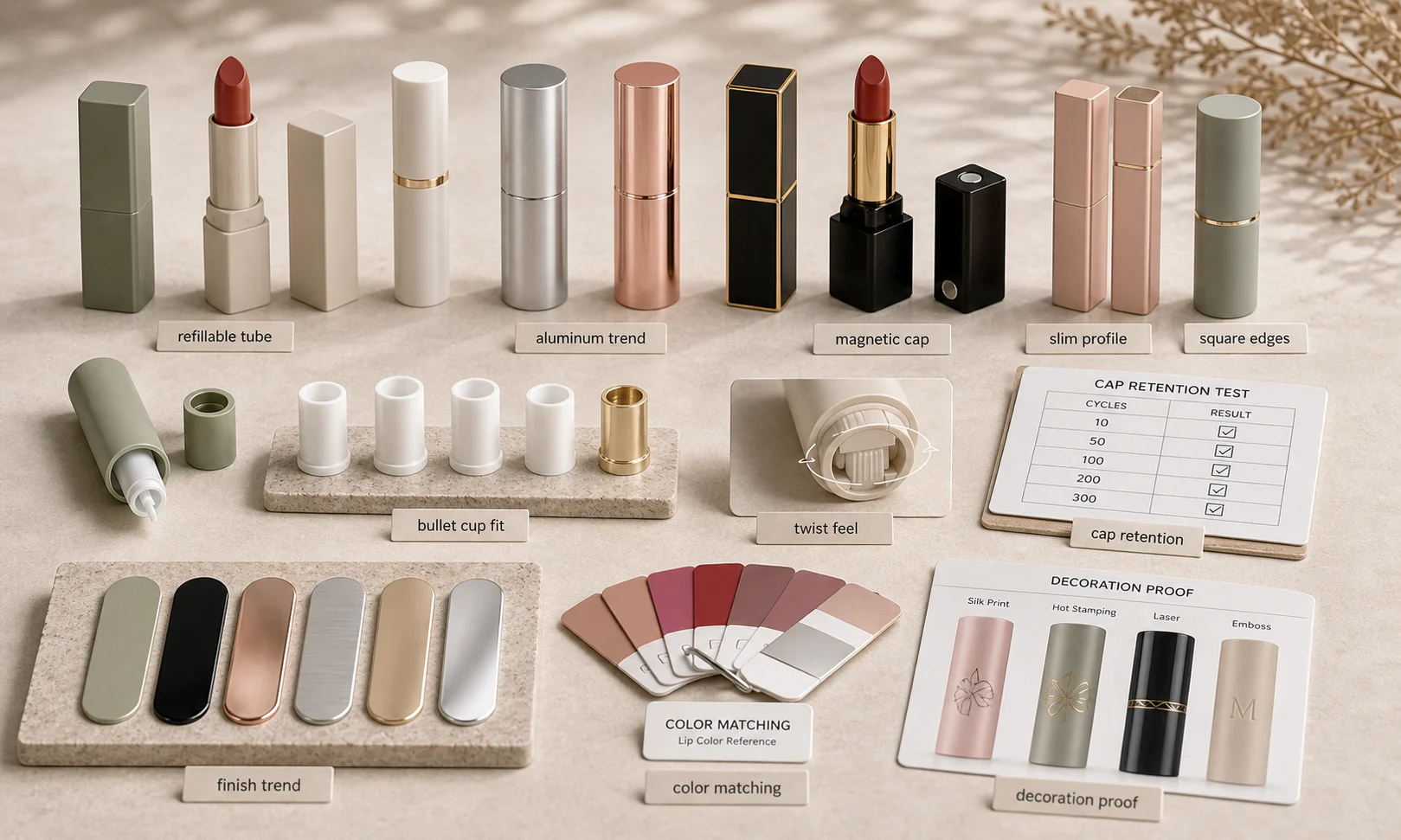 Empty lipstick container trends with refill mechanism, finish swatches and twist movement checks