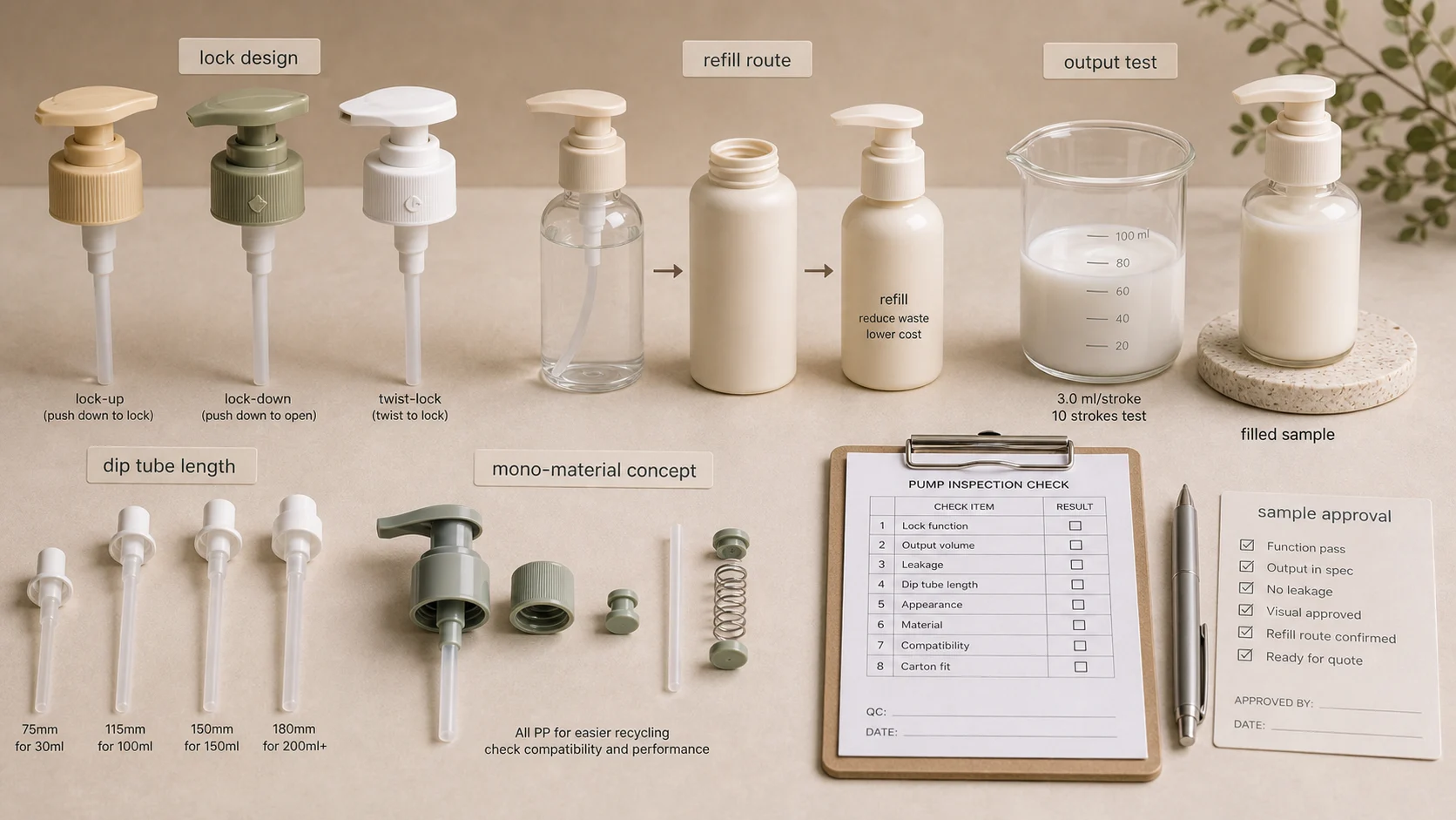 Lotion pump trends with lock design, refill system and output testing for skincare lotion