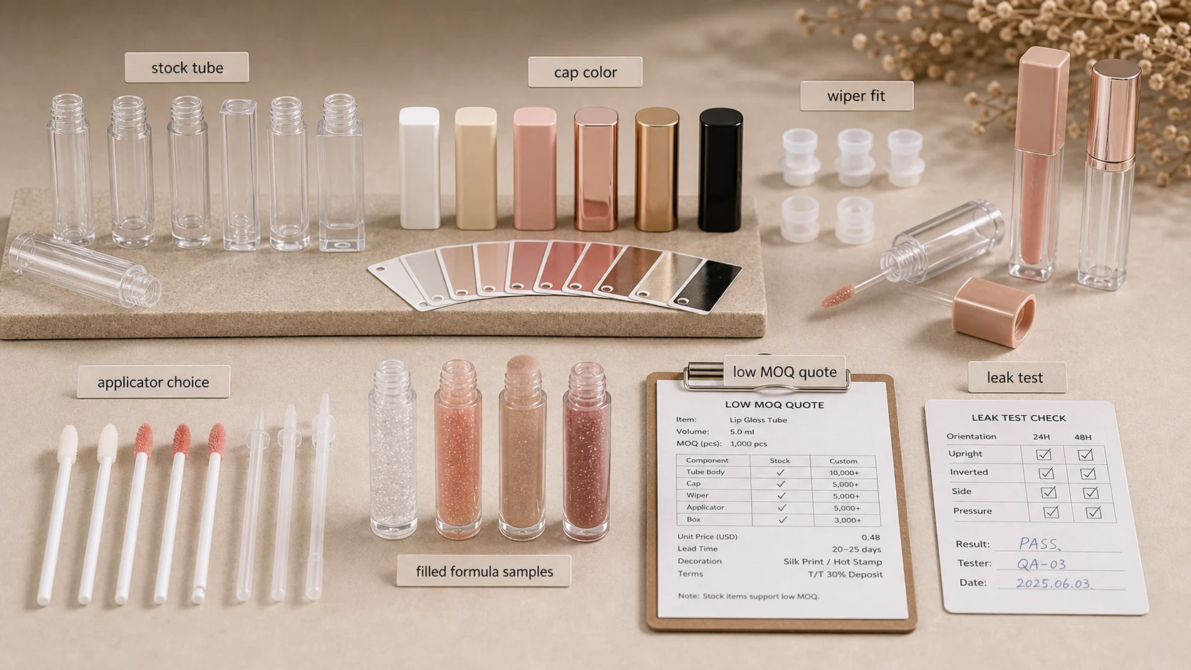 Low MOQ lip gloss tube components with wipers, doe-foot applicators, caps and filled sample checks