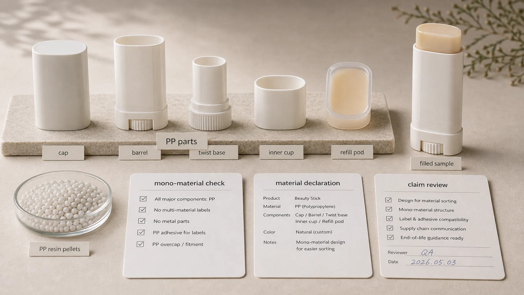 Mono-material beauty stick packaging with PP parts, refill cup and recycling claim evidence