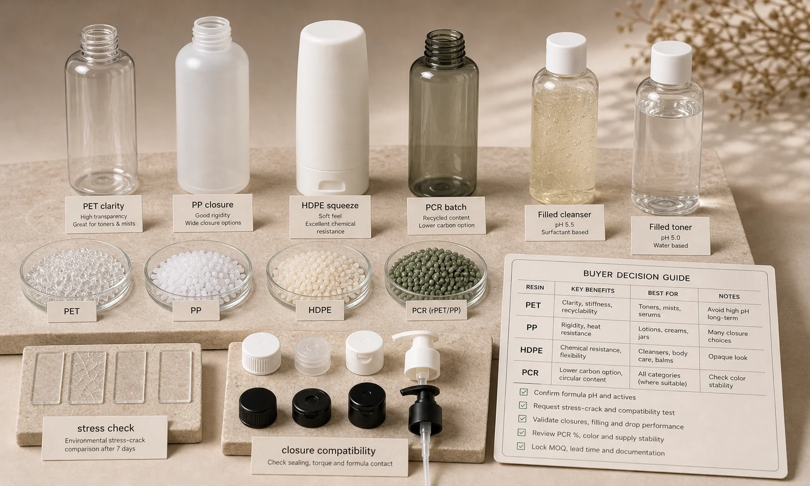 Plastic bottle resin route selection for cleanser, toner and lotion formulas with PET, PP, PE and PCR samples