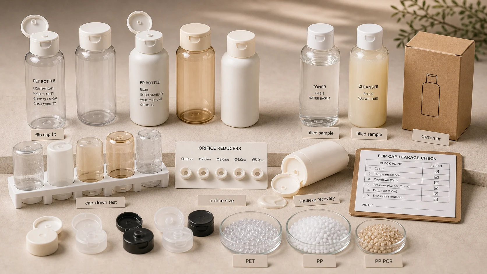 Plastic skincare bottles with flip caps, squeeze recovery checks and leak test cards