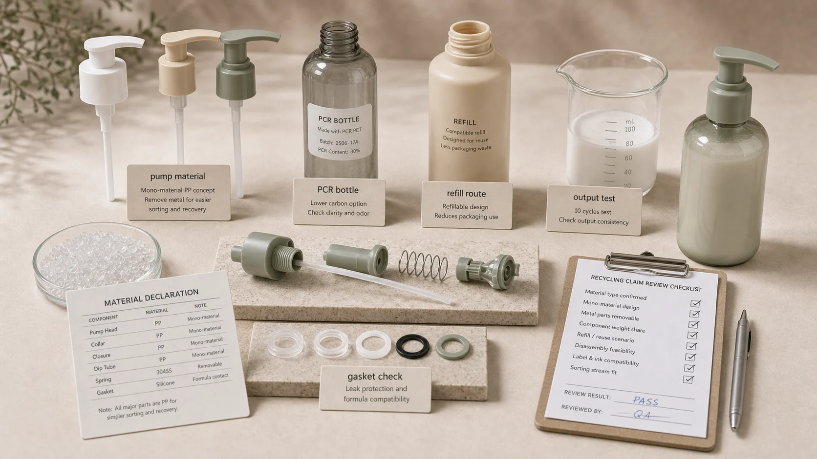 Sustainable lotion pump material choices with PCR, mono-material, refill and output checks