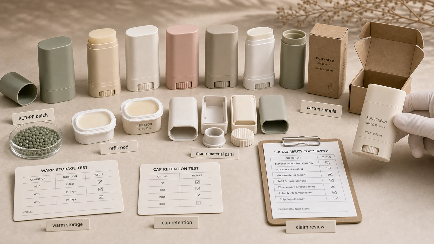 Sustainable skincare stick packaging with PCR, refill and mono-material claim testing evidence