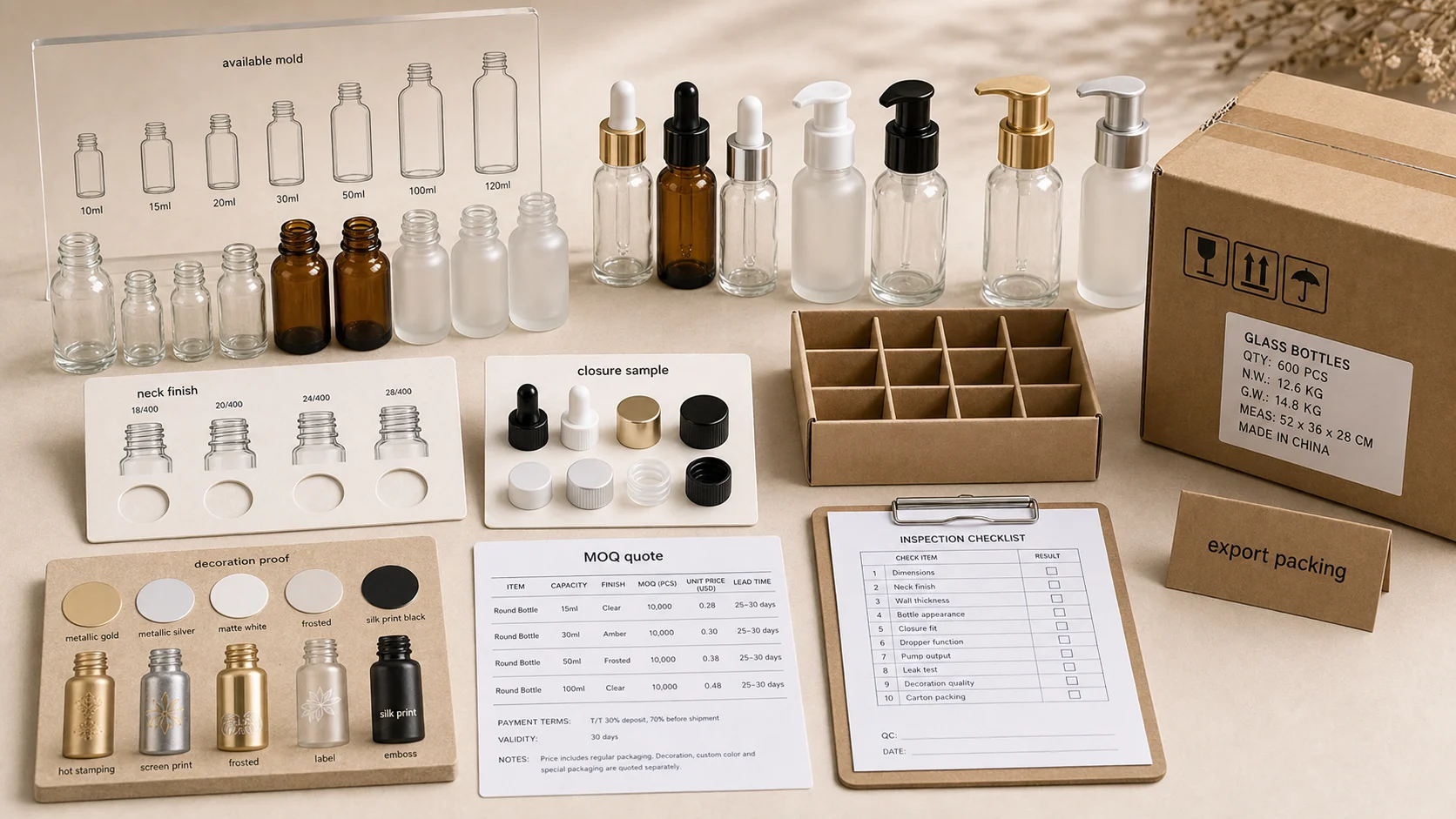 Wholesale glass bottle supplier evidence with carton test, closure samples and batch documents