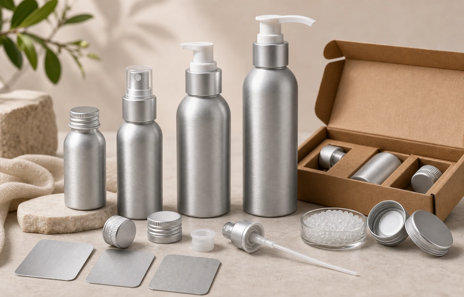 Aluminum skincare bottles with pumps, sprayers, screw caps, liner samples and finish swatches