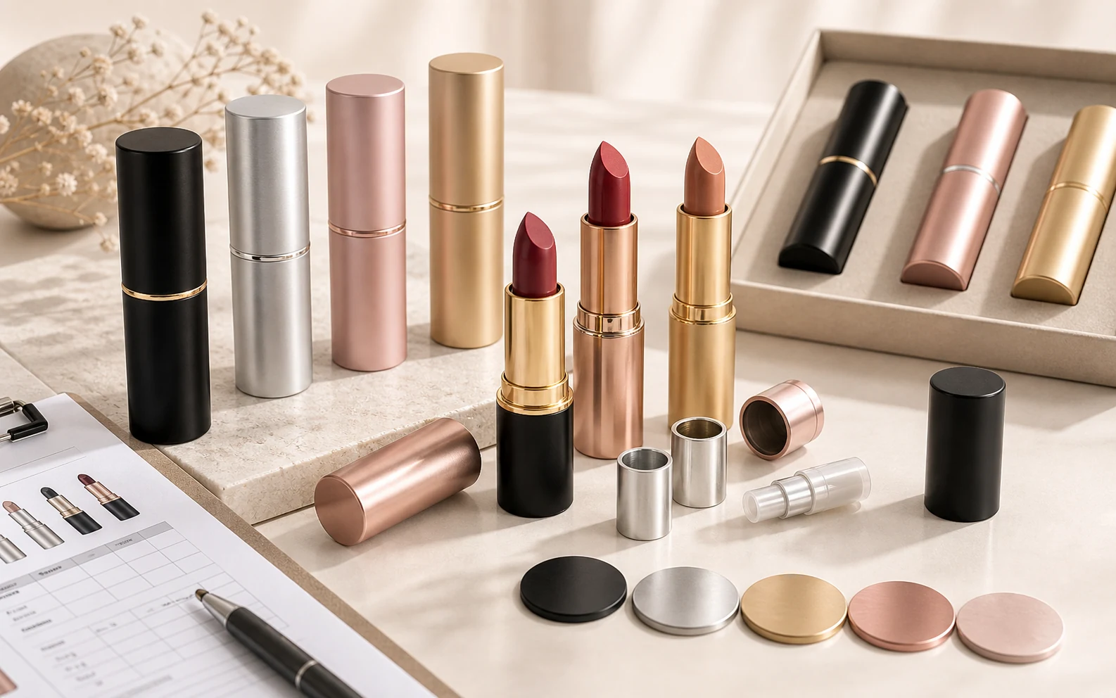 Aluminum lipstick packaging tubes, mechanisms, caps and finish samples for supplier sourcing