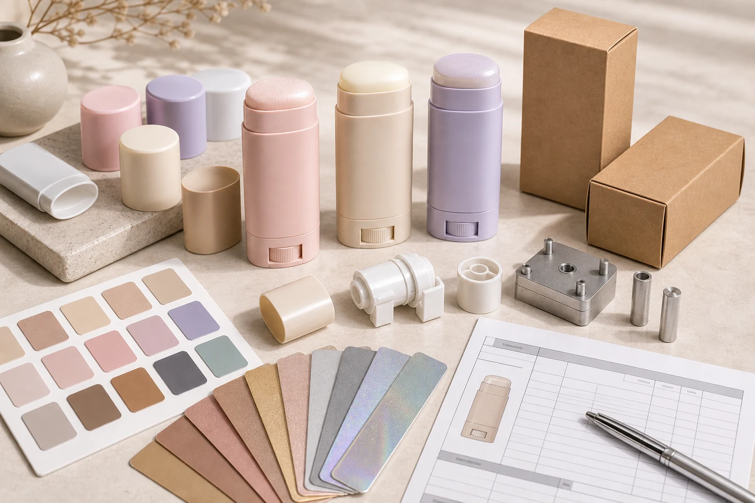 Beauty stick packaging cost planning samples with components, custom finish swatches, cartons and quote sheet