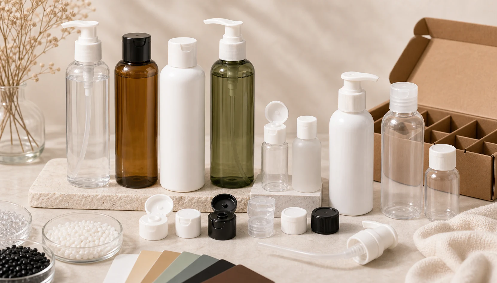 Plastic skincare bottles in PET, PP, HDPE and PCR with caps, pumps, pellets and color swatches