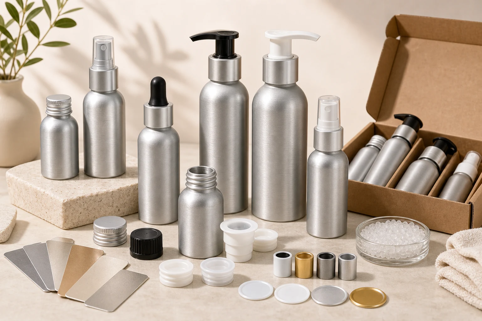 Aluminum bottle skincare selection samples with closure, liner, coating and finish options