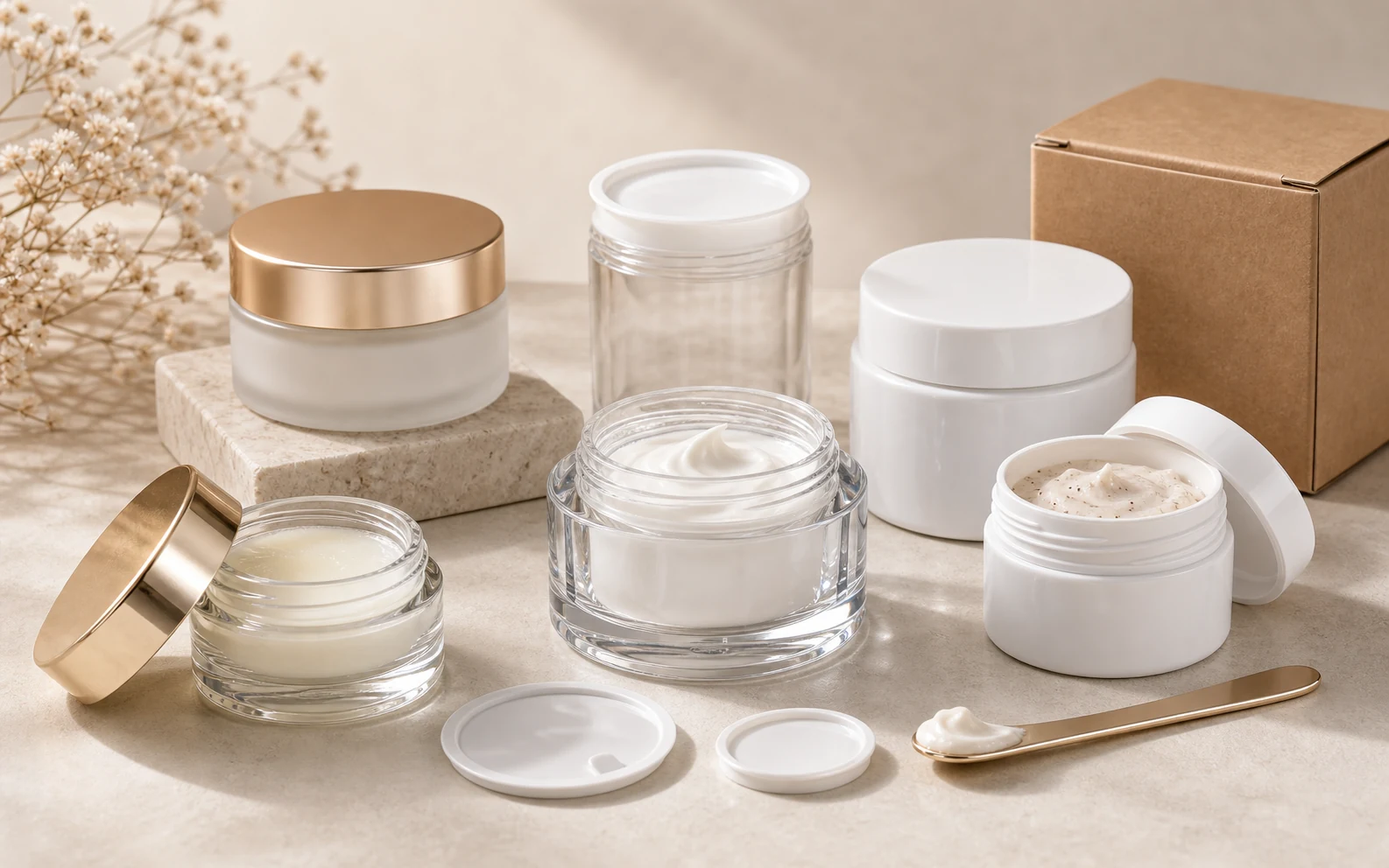 Cosmetic jar packaging samples with cream jars, liners, lids, spatula, carton and refill jar options