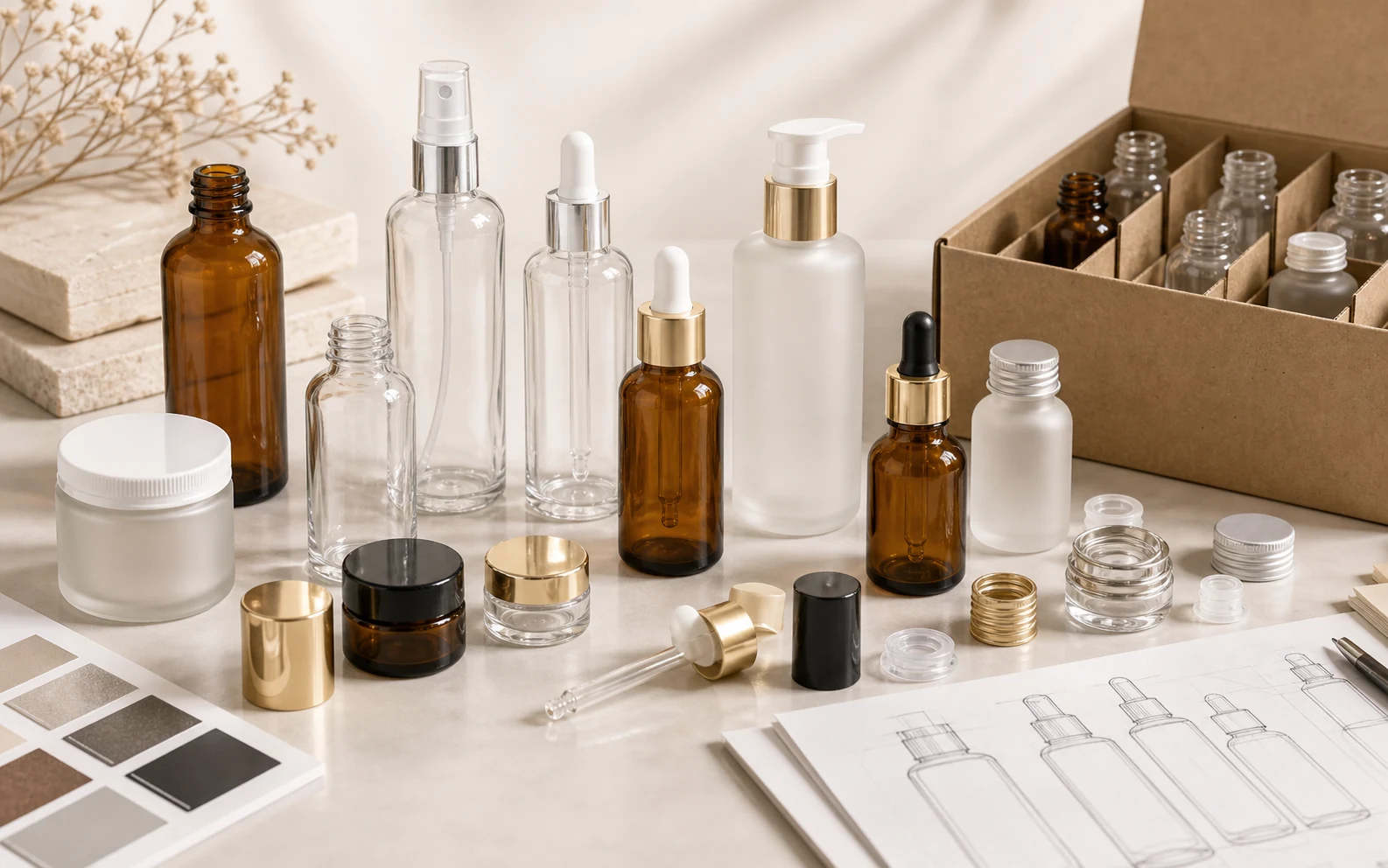 Glass skincare bottle supplier samples with droppers, pumps, sprayers, cartons and finish swatches
