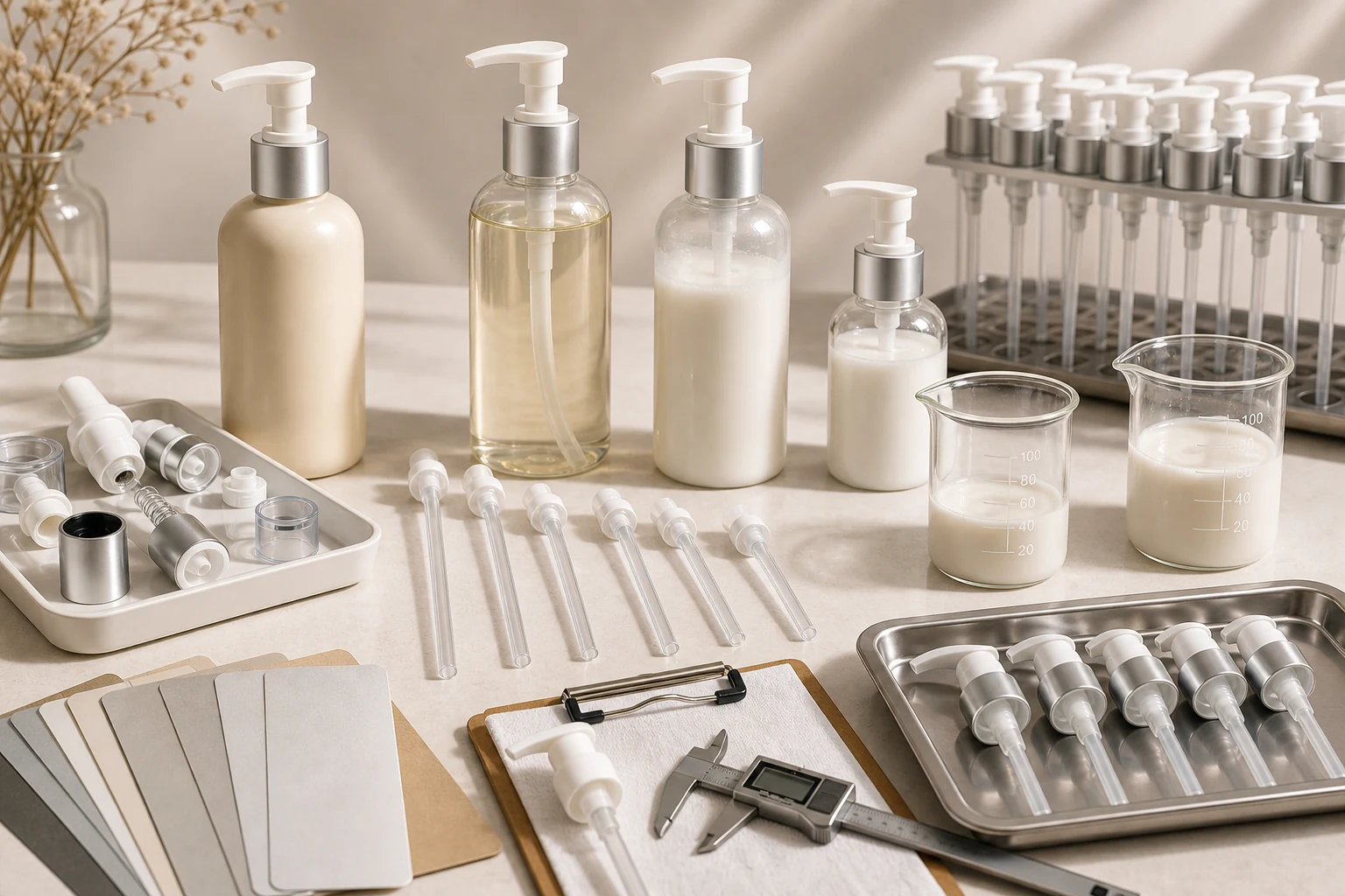 Lotion pump production QC bench with pump components, dip tubes, sample bottles and output testing setup