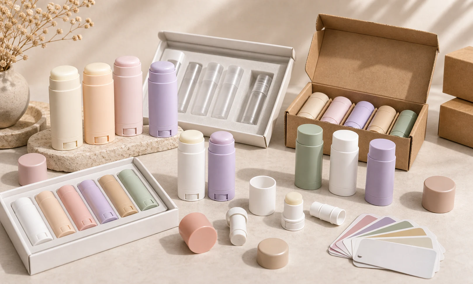 Low MOQ beauty stick packaging sample set with stock colors, custom caps, cartons and color chips