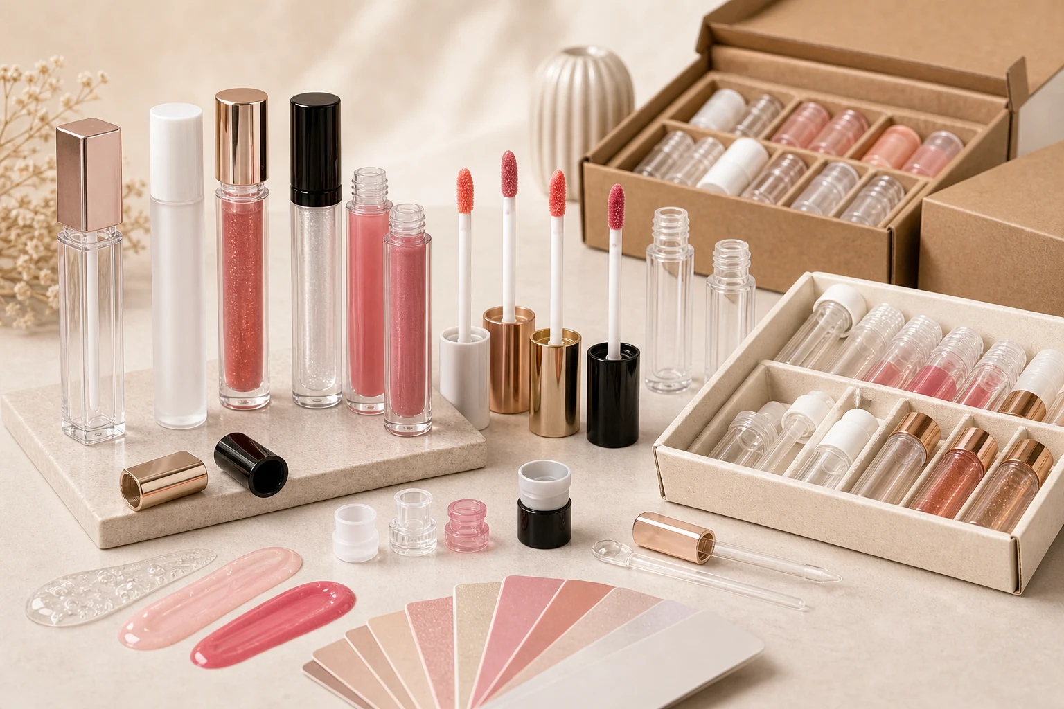 Low MOQ lip gloss tube manufacturer sample tray with tubes, wipers, applicators, caps and color swatches