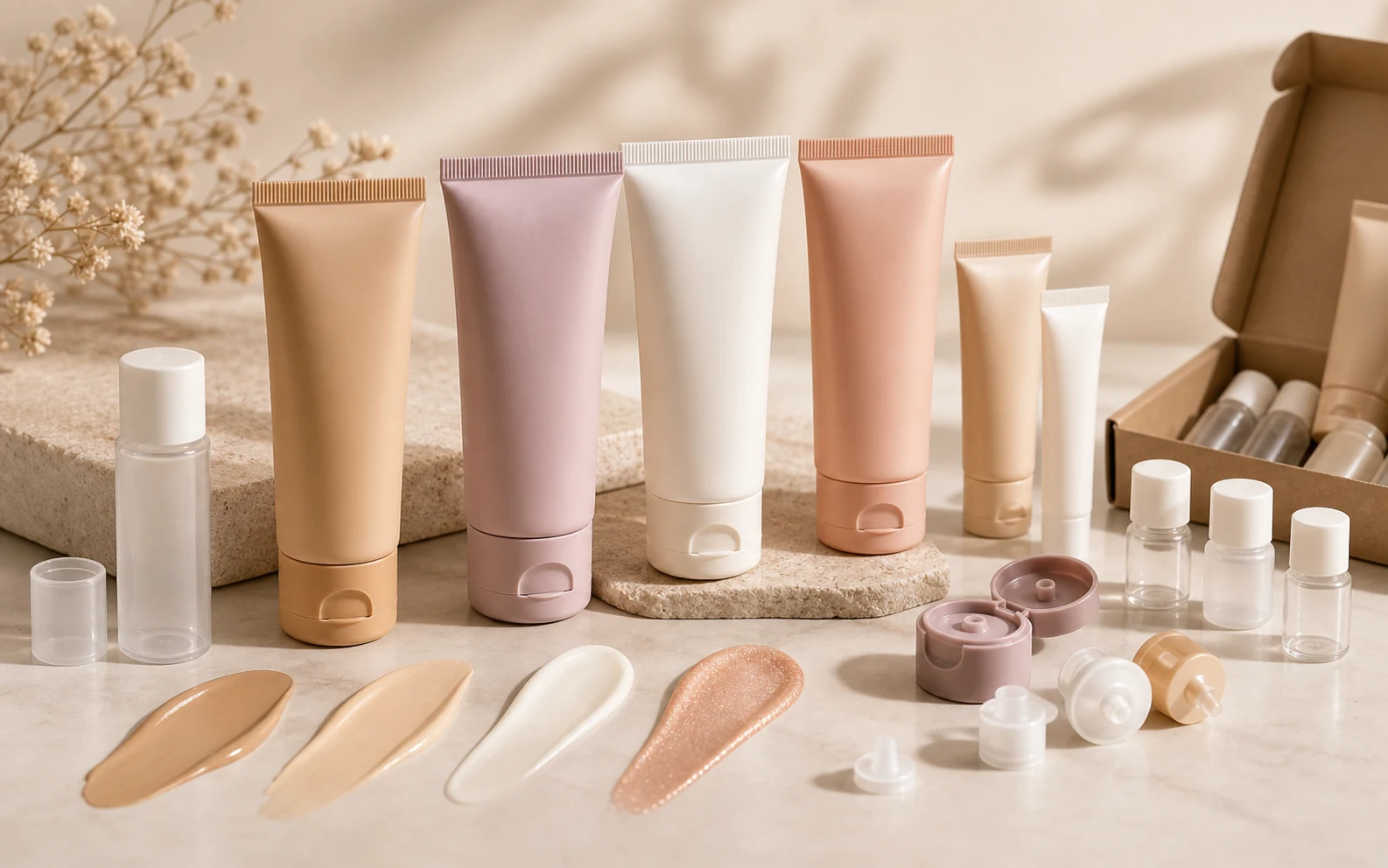 Makeup tottle packaging samples with flip caps, orifice reducers, foundation and primer texture swatches