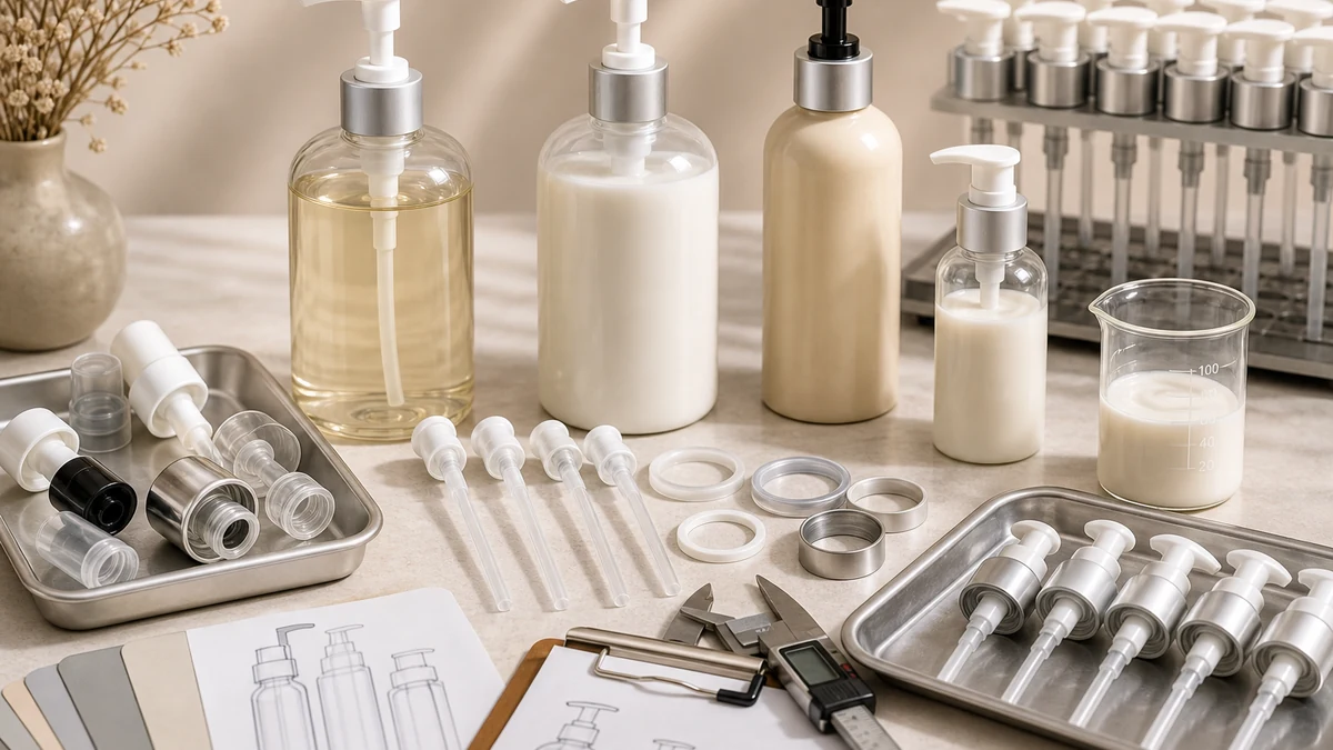Lotion Pump Quality Checks  Output, Lock and Compatibility product samples with packaging components and procurement review m