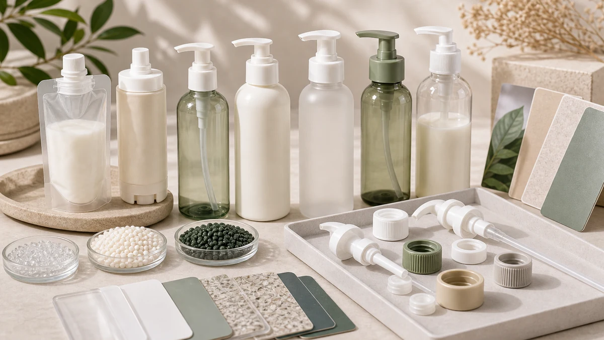 Sustainable Lotion Pump  Materials, PCR and Refill Checks product samples with packaging components and procurement review ma